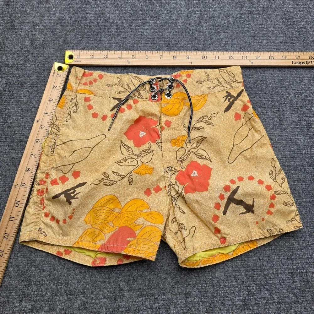 Birdwell Beach Britches Board Shorts Mens 26 Yellow Floral Fish Surfer Vintage‎